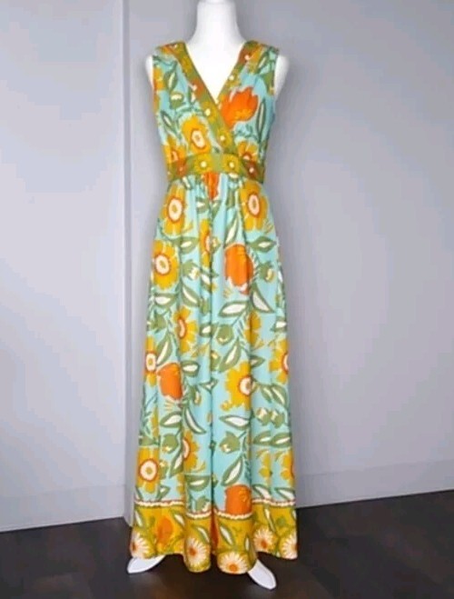 70s Vintage floral Dress Maxi V Neck Polyester Cottagecore No Size Tag Medium