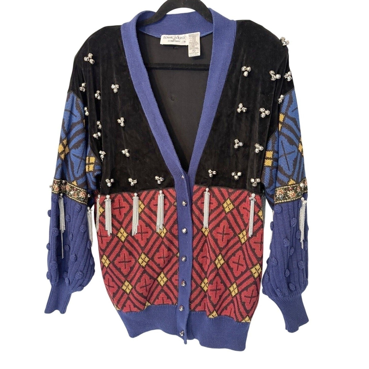 Rare Vtg Bonnie Boerer Cardigan Sweater Womens Medium Black Blue Tassel Bell 80s