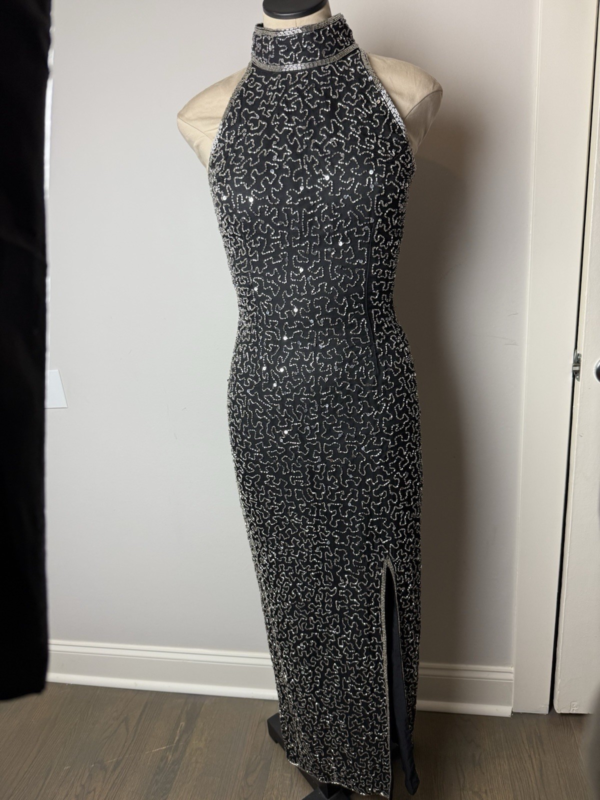 Vintage Laurence Kazar Beaded Dress Black Long Slit Mock Neck Formal Deadstock