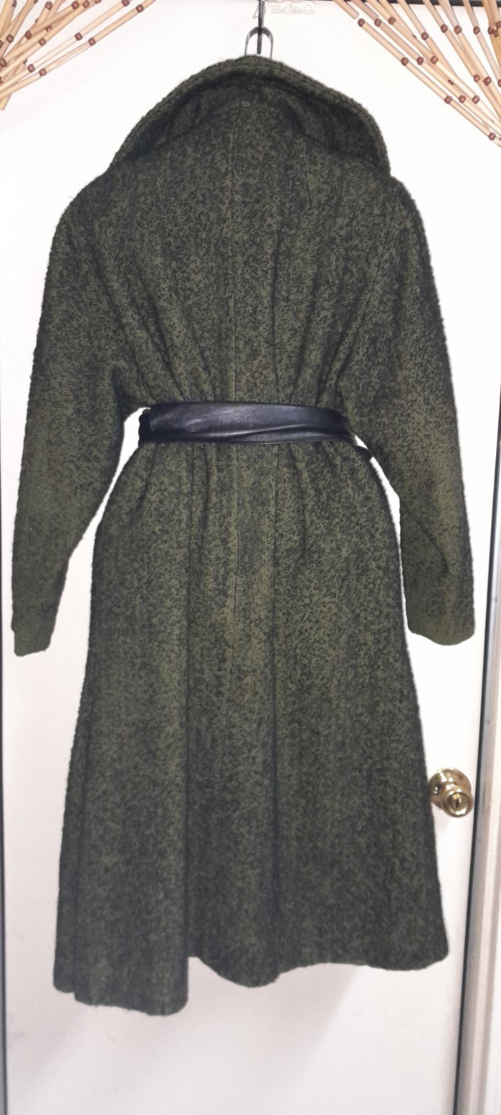 Vtg 50s 60s Green Tweed Knob Black Flecked Swing Opera Wool Shawl Collar Coat M