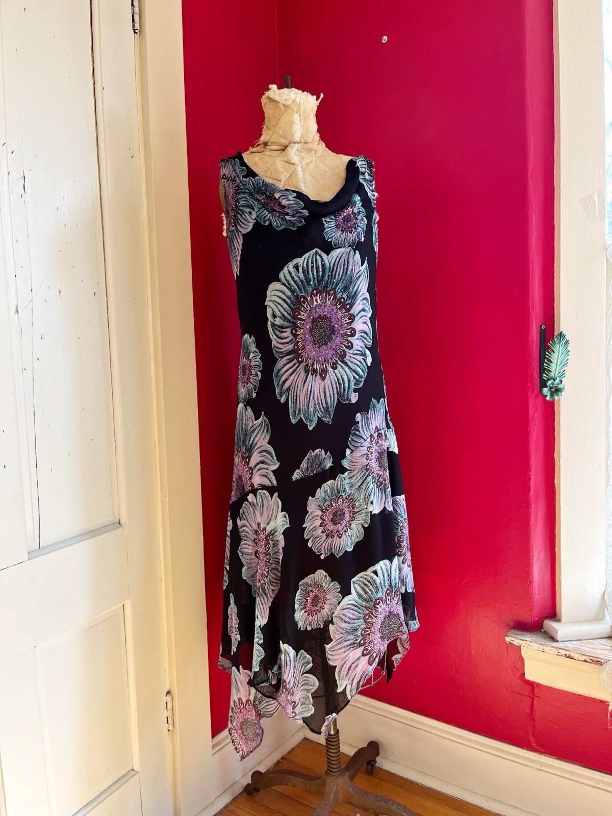 Vintage 1990s Black Chiffon Blue Purple Floral Print Grunge Cowl Neck Dress L