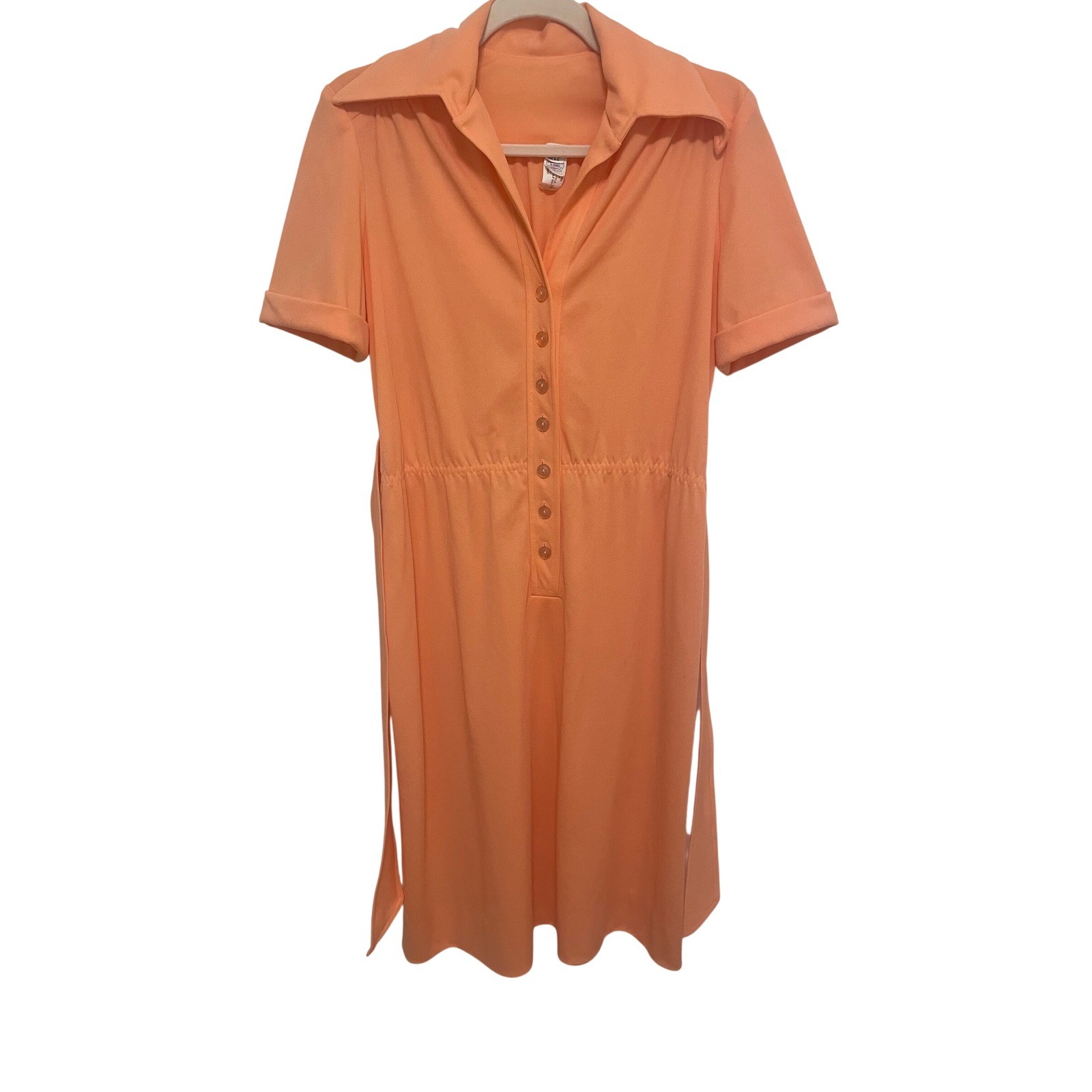 Vintage 70s Shirt Dress Peach ILGWU Union Made Short Sleeve Belted Midi
