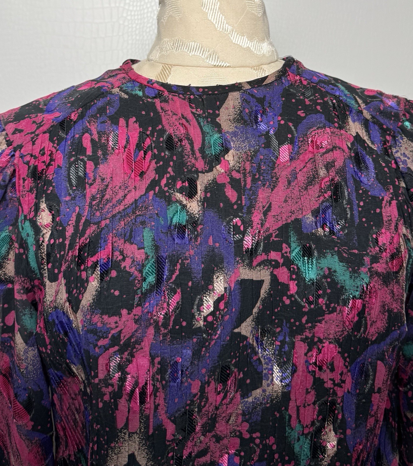 Vtg 80s Jewel Tone Plisse Mini Dress S Sheer Sleeve Tiered Abstract Ruffle Party