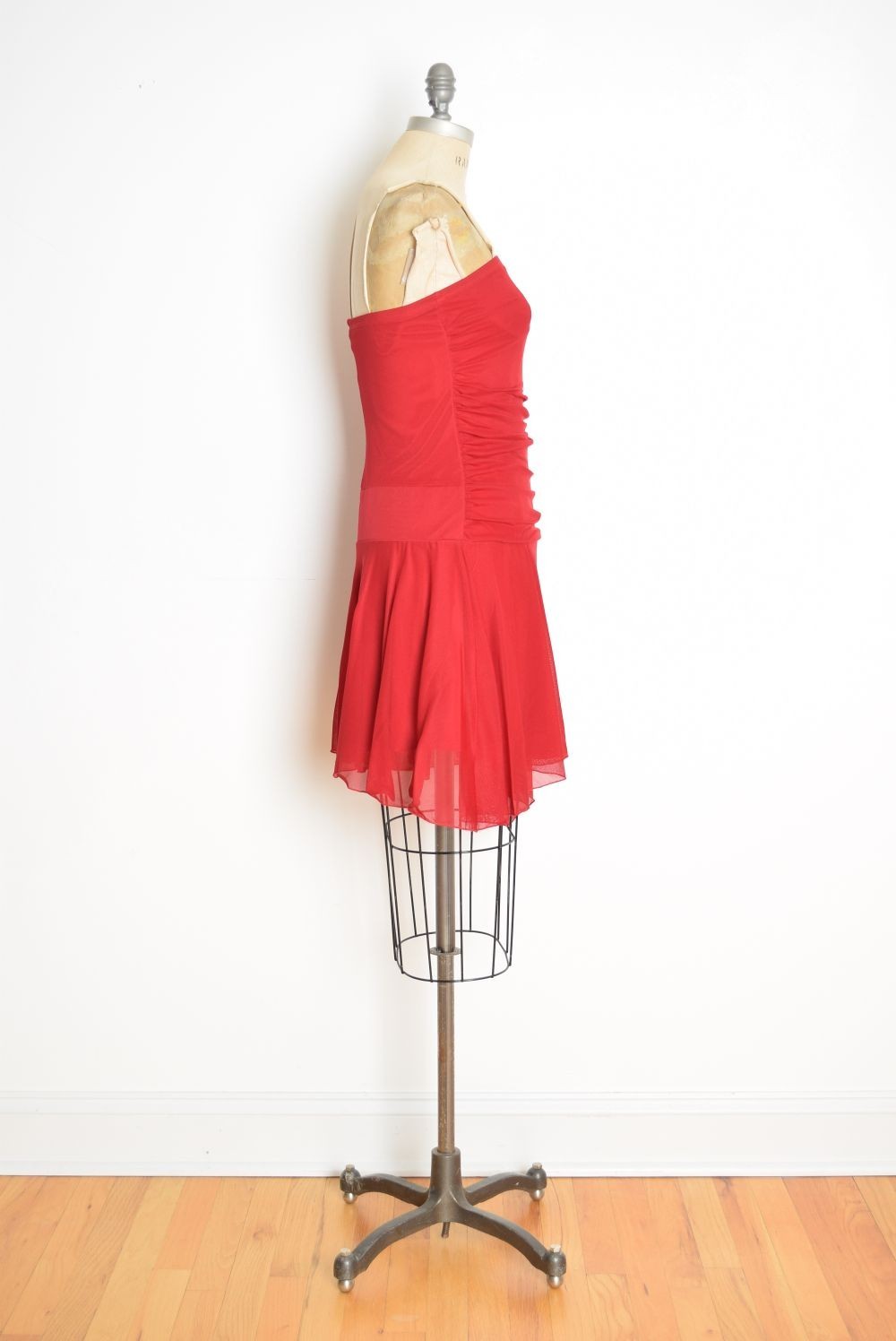 vintage Y2K party dress red mesh fairy strapless asymmetrical club Hot Kiss XS