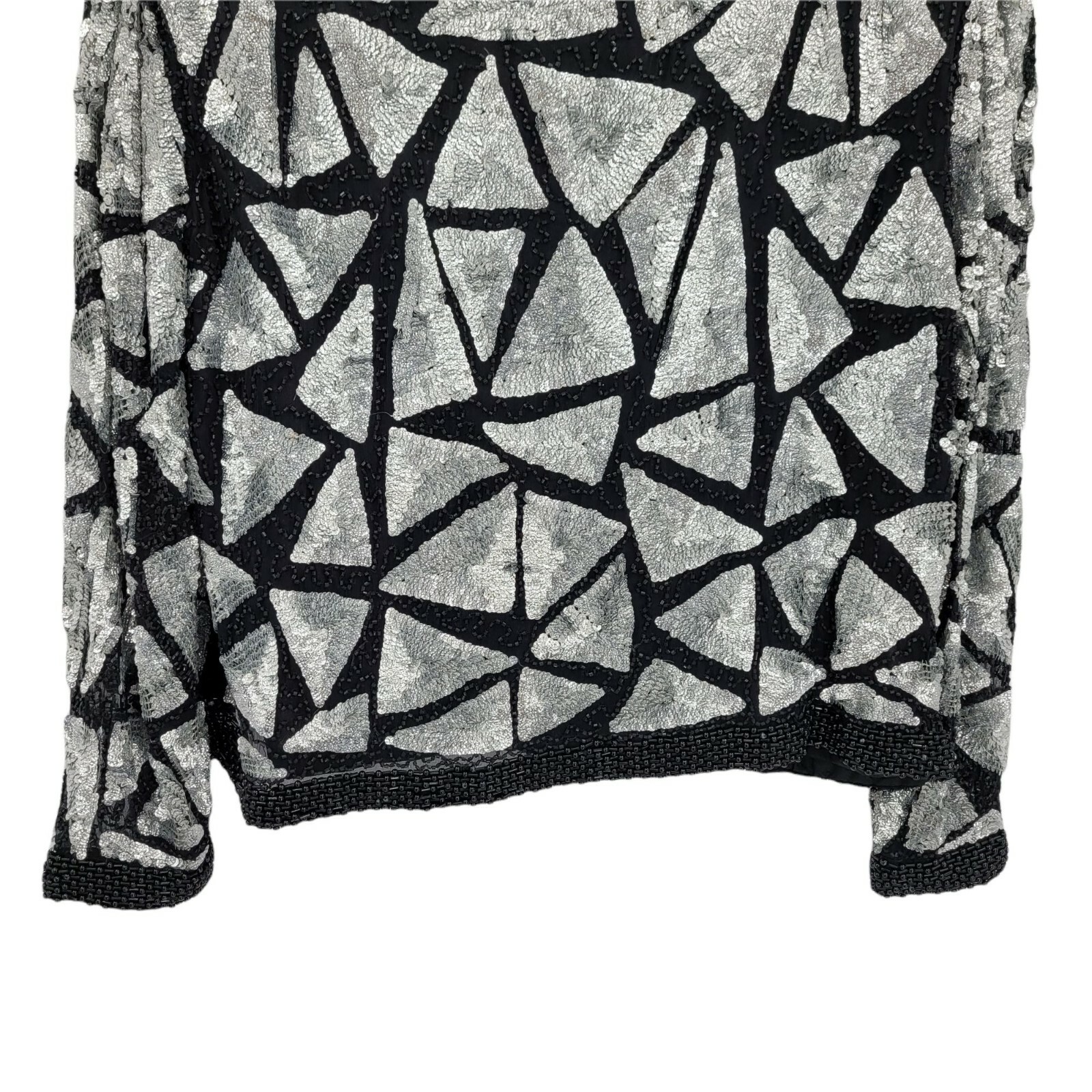 Vintage 80’s Sweelo Blazer M Silk Geometric Black Silver Metallic Sequin Beaded