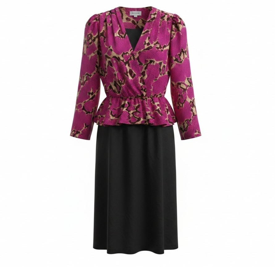 Vintage Satin Floral Crossover V-neck Puff Sleeves Peplum Pink/Multi Dress 12