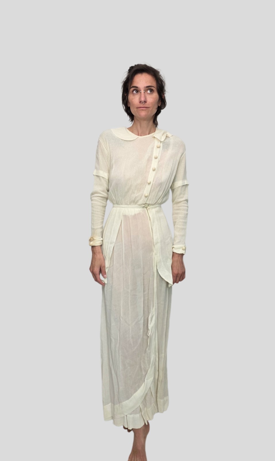 1910s Edwardian Ivory Cotton Silk Dress | Peter Pan Collar | Sheer Layered…