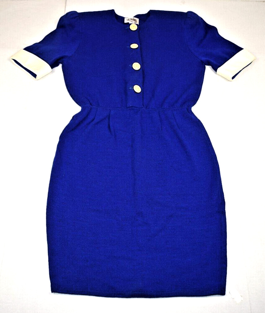Vintage St John Knit Royal Blue Midi Dress S/M 80s White Buttons Fitted Waist