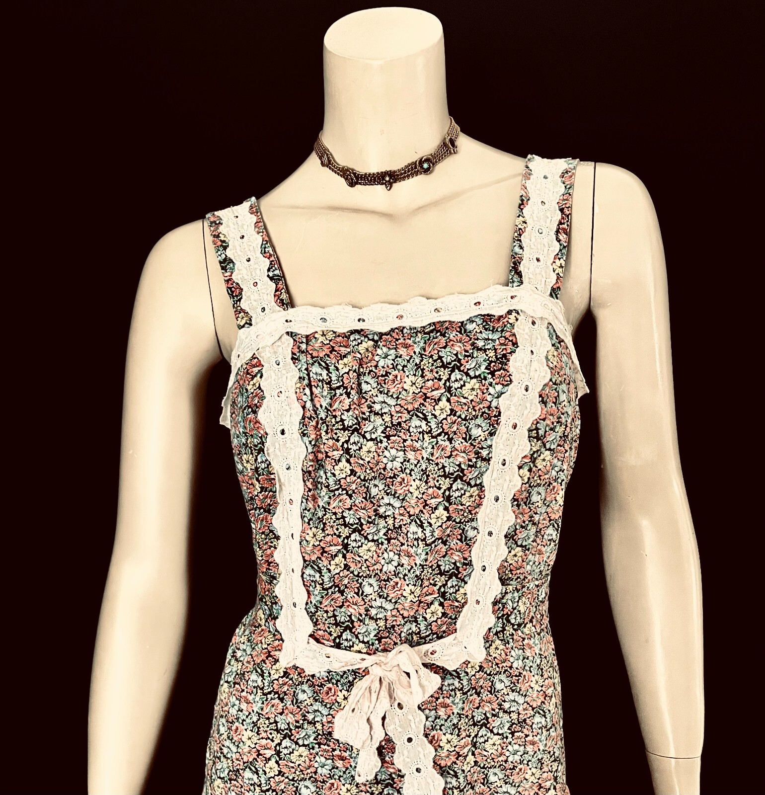 1970s Cottage Core Boho Tiered Maxi Dress, Mr. „B” of SF, California, Sm-Med.
