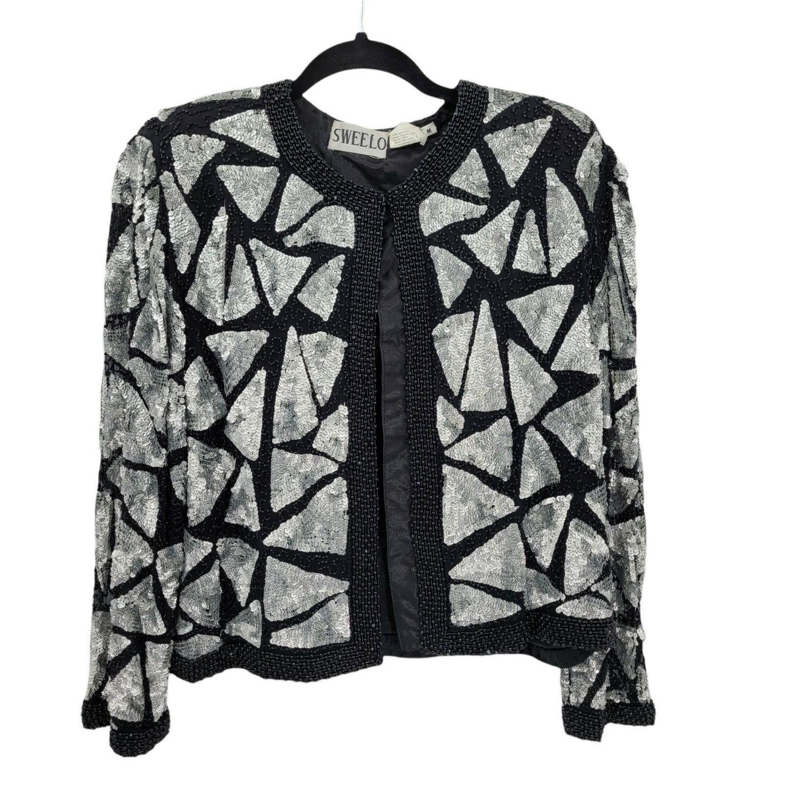 Vintage 80’s Sweelo Blazer M Silk Geometric Black Silver Metallic Sequin Beaded