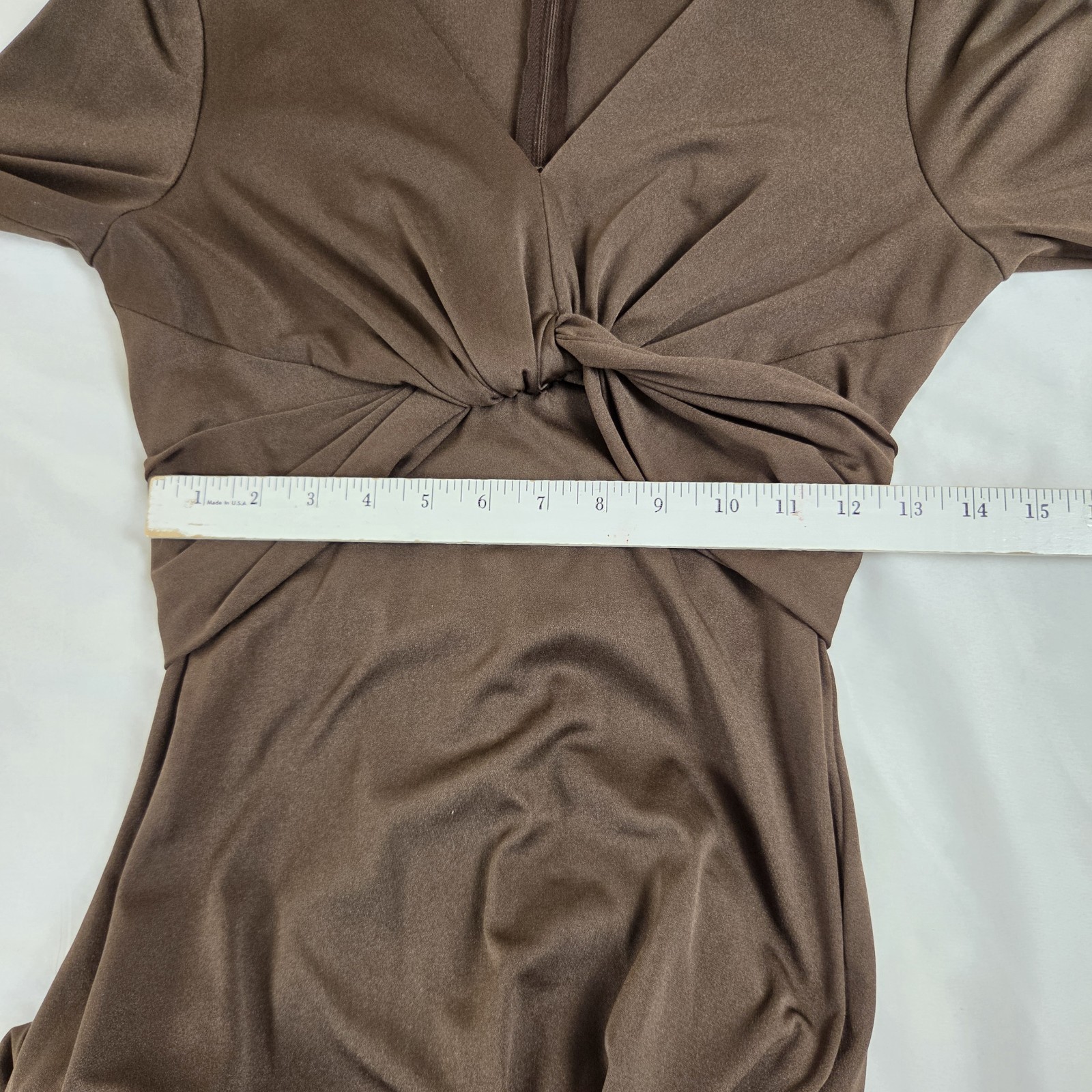 Vtg Miss Elliette CA Chocolate Brown Maxi Dress Deep V Long Sleeve Size S