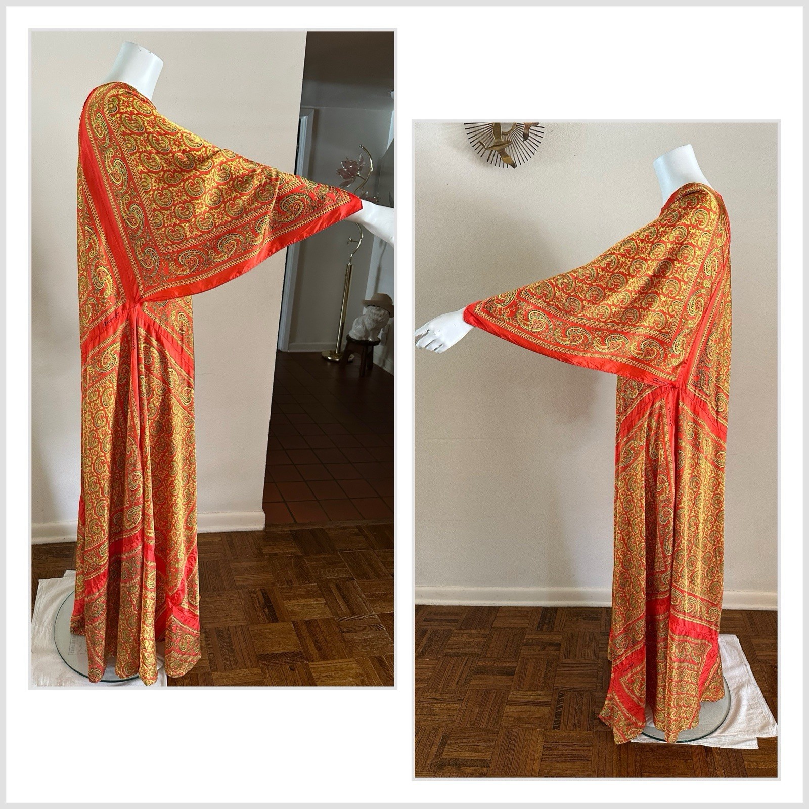 70s VTG Mexican Aramis Scarf Caftan Dress 63” Extra Long Tall Maxi Angel Sleeve