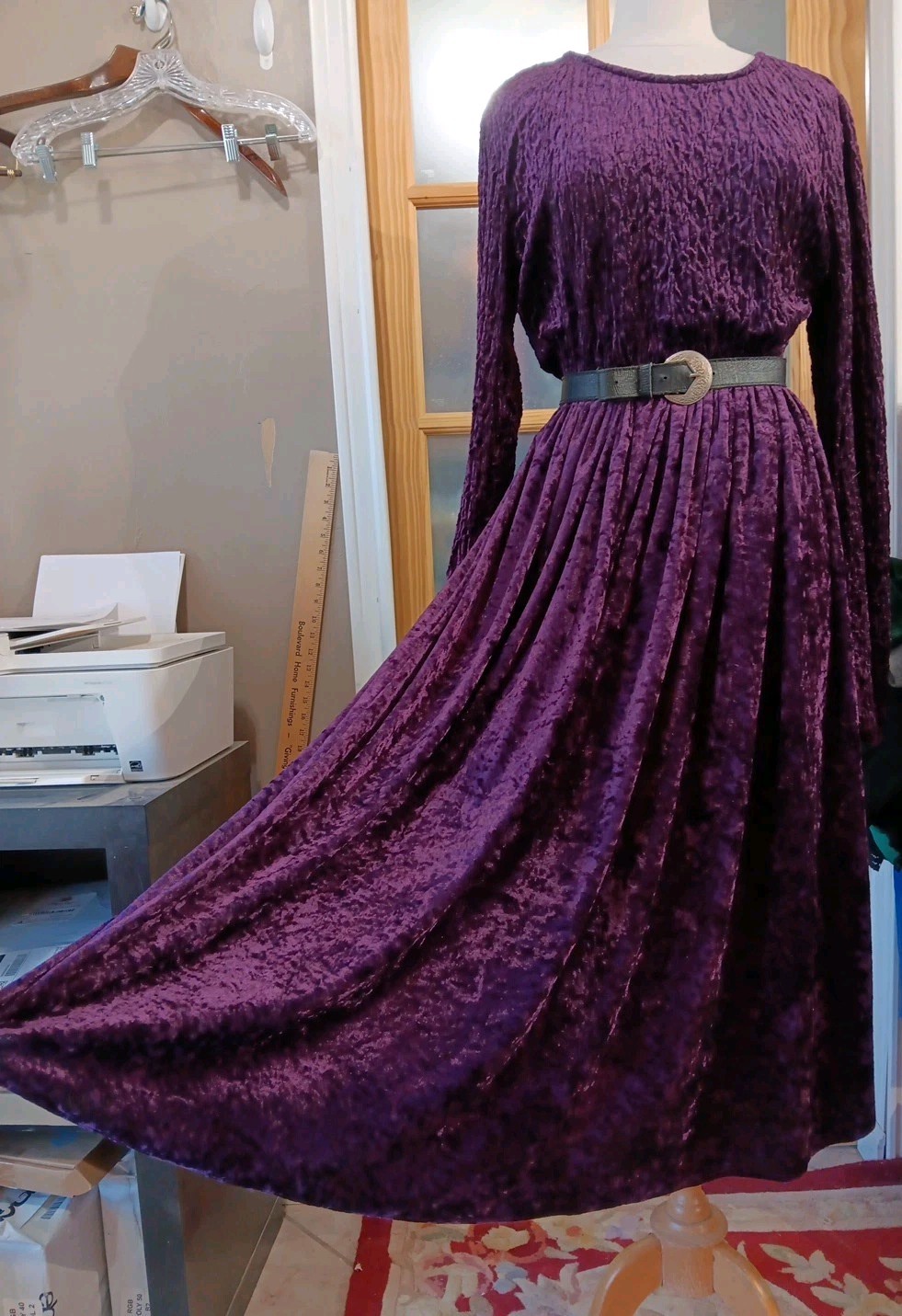 Vtg Western Dress 80s Velvet Purple Full CIRCLE T Swing Sz M Belt Amazing Midi