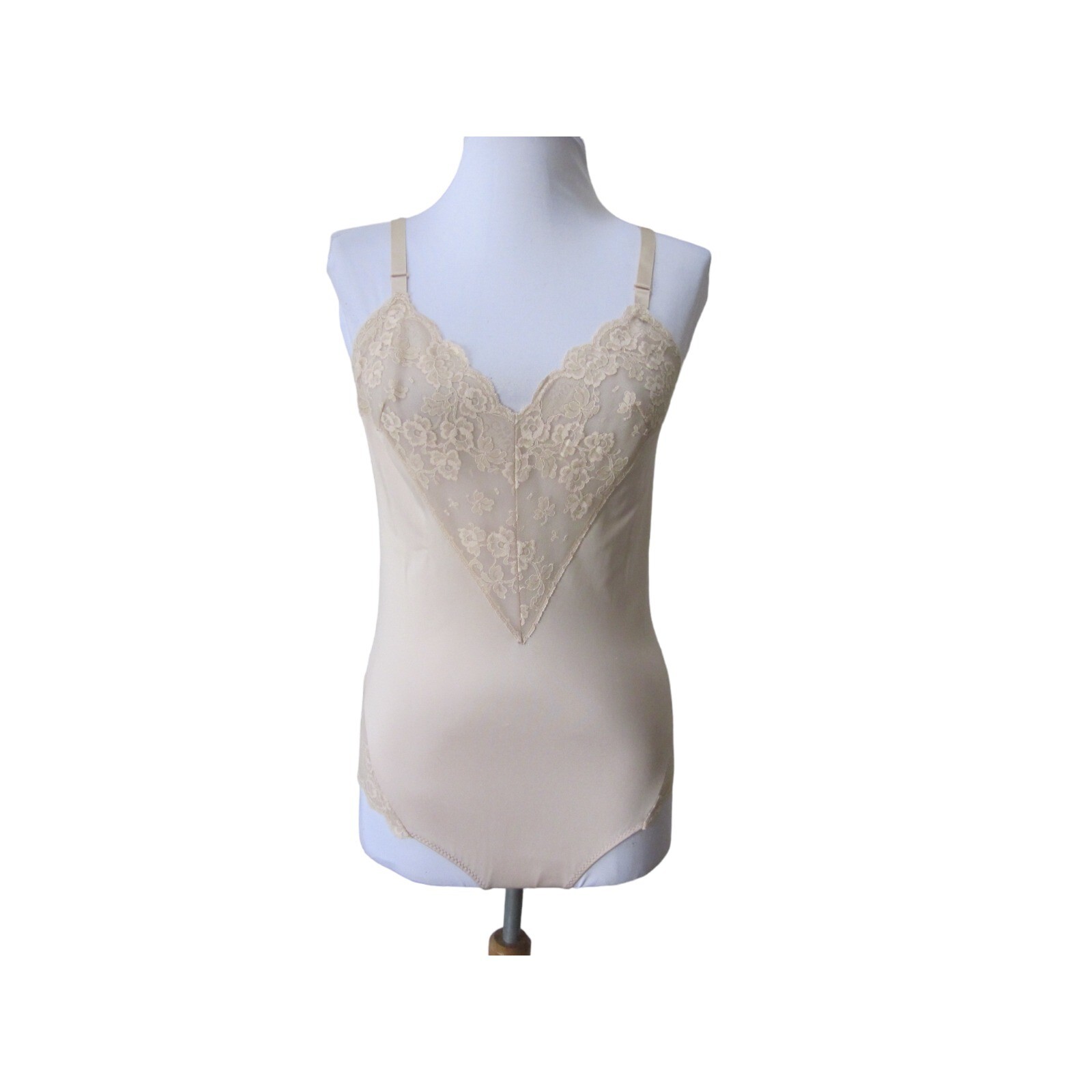 VTG SHAWDOWLINE 100% Nylon Nude Lace Trim Bodysuit Slip MADE IN USA Sz 32