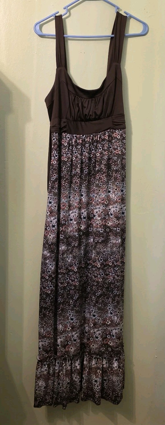 Y2K Babydoll Maxi Dress Sz L Brown Ditsy Floral Slinky Tiered Forest Fairy Boho