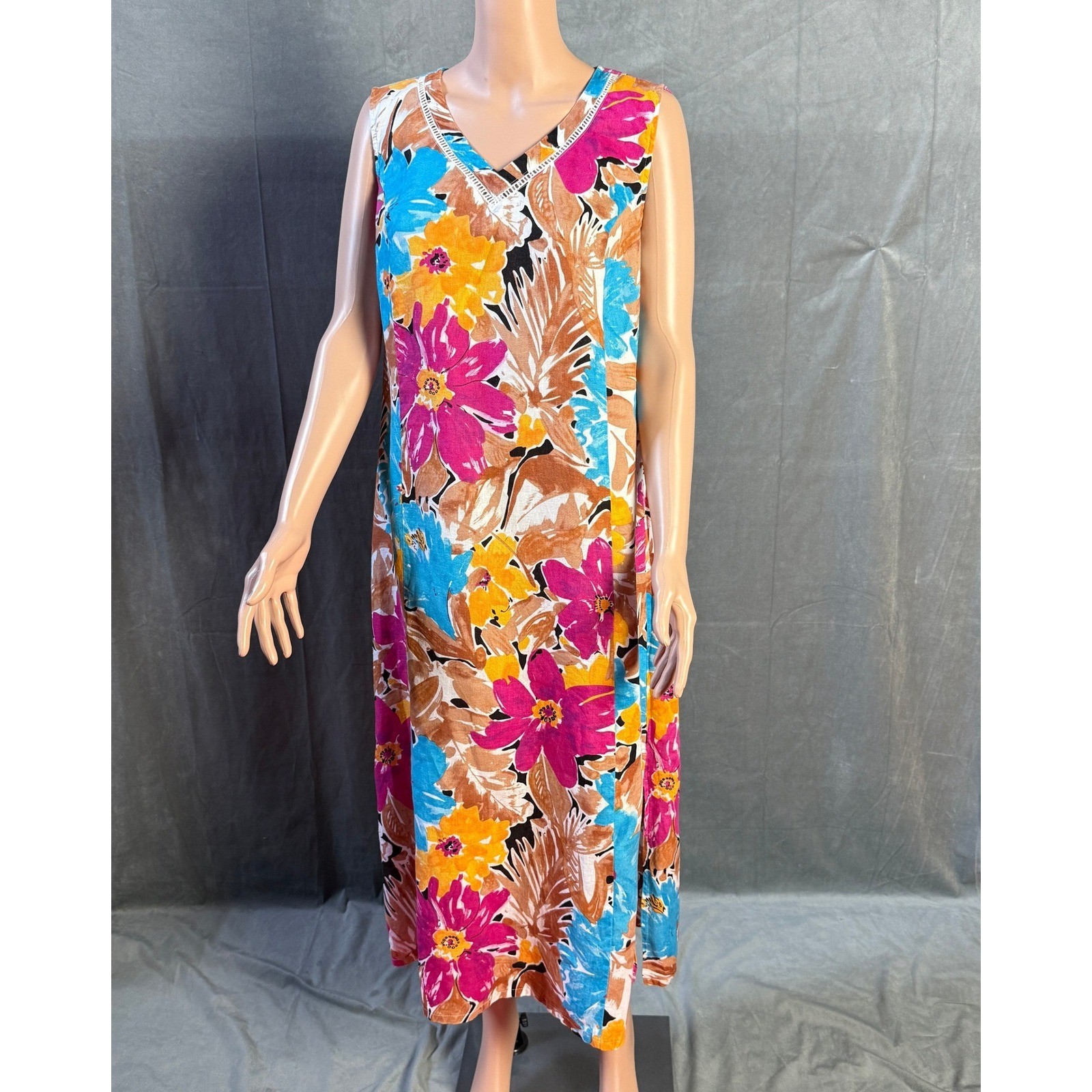Vintage 90s Choices Multi Floral Linen Tank Dress L Sleeveless Lagenlook Artsy
