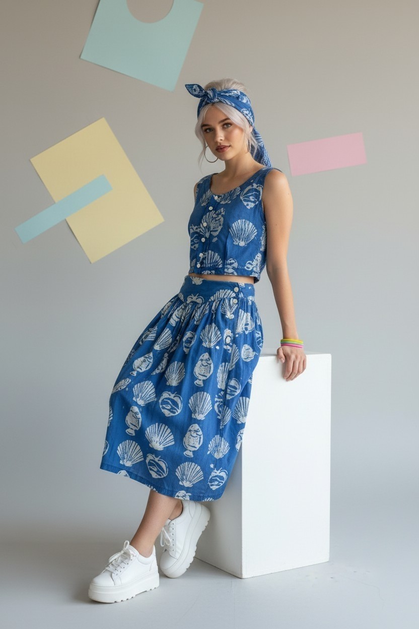 Vintage 90s Passports Pier 1 Imports Blue White Seashell Skirt Top Set – Small