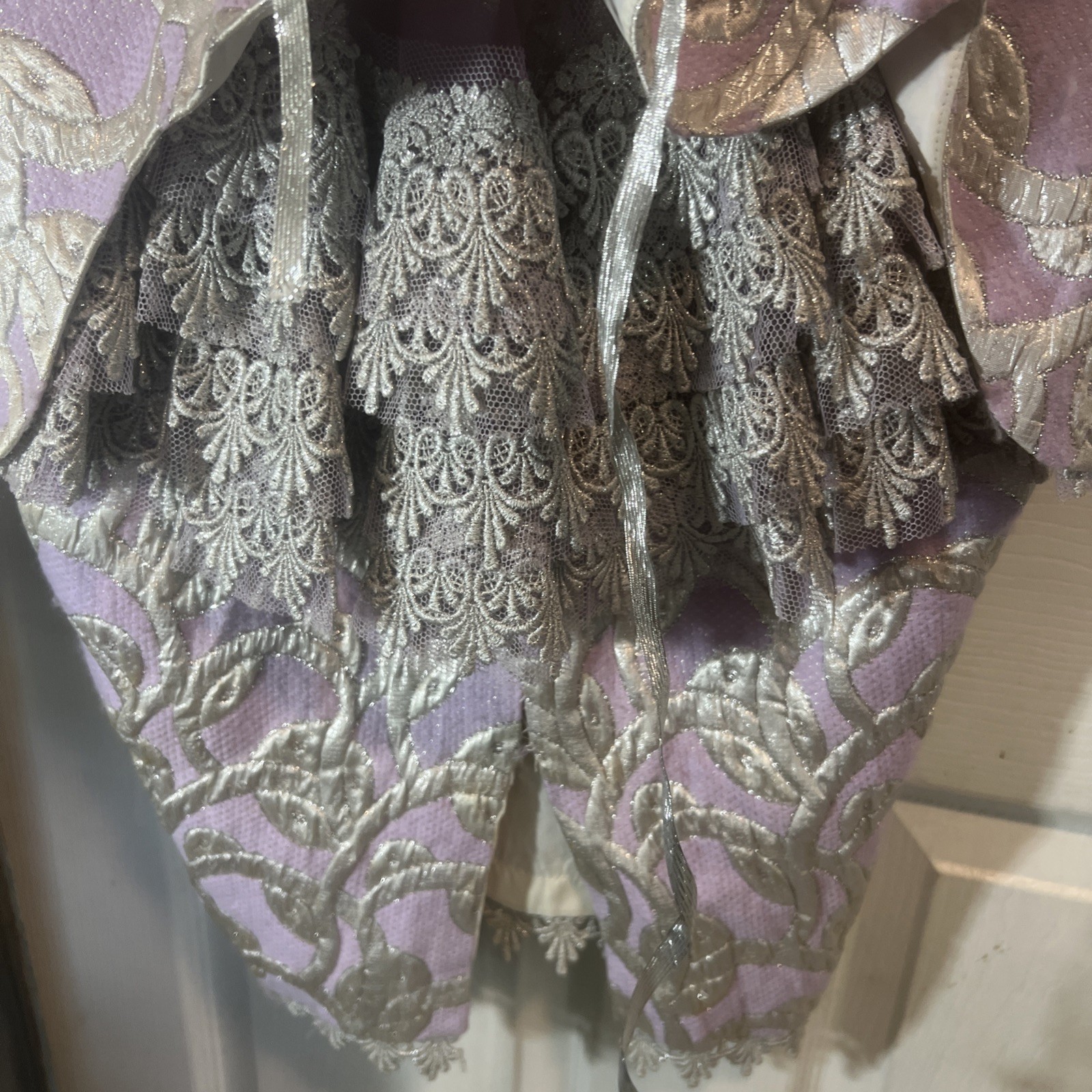 80s Lavender & Silver Brocade Corset Dress Lace Up Back Peplum Bows Detailed