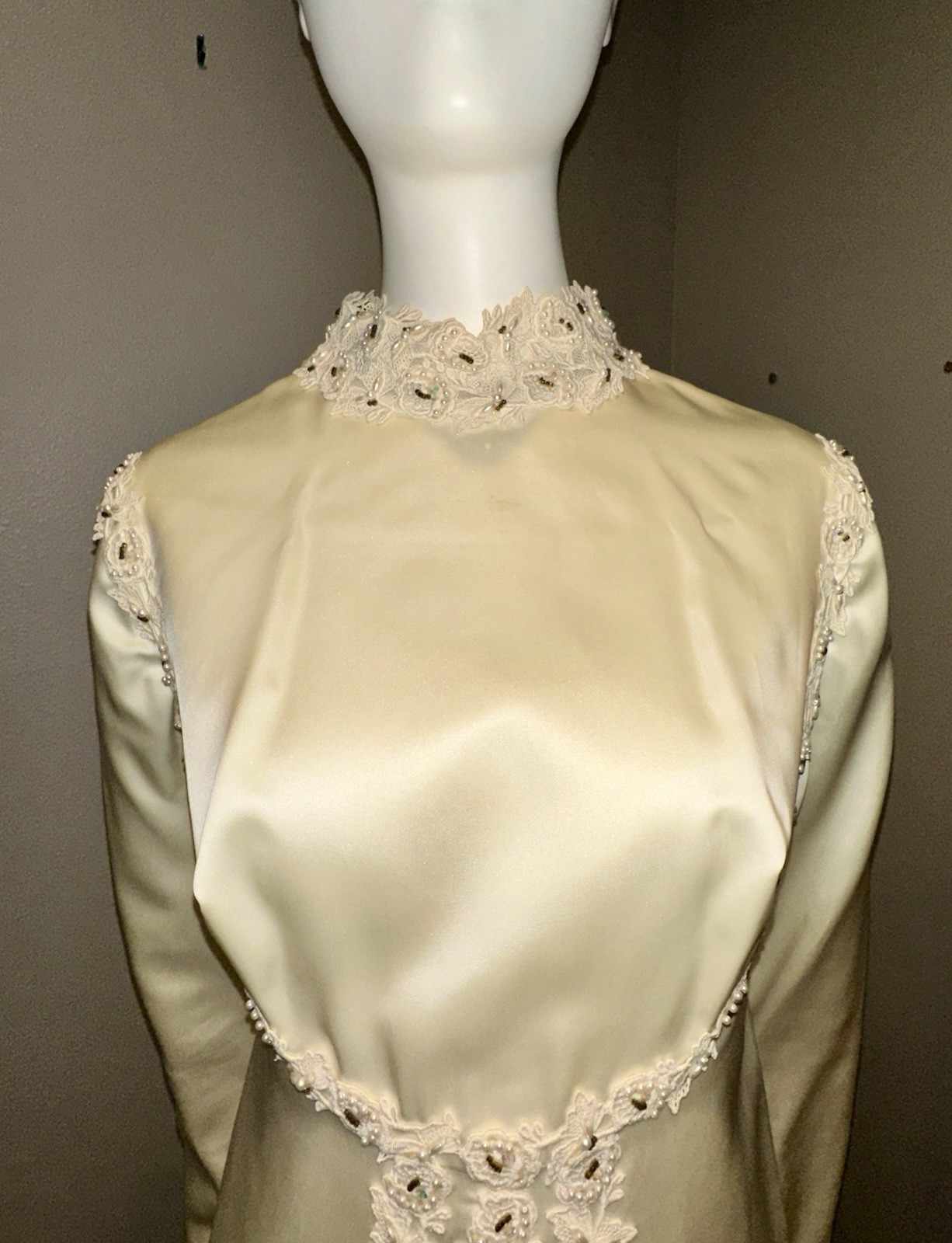 1970’s Pearls-Lace-Satin Bohemian Wedding Gown Angelair By Monika Sz 12 See Meas