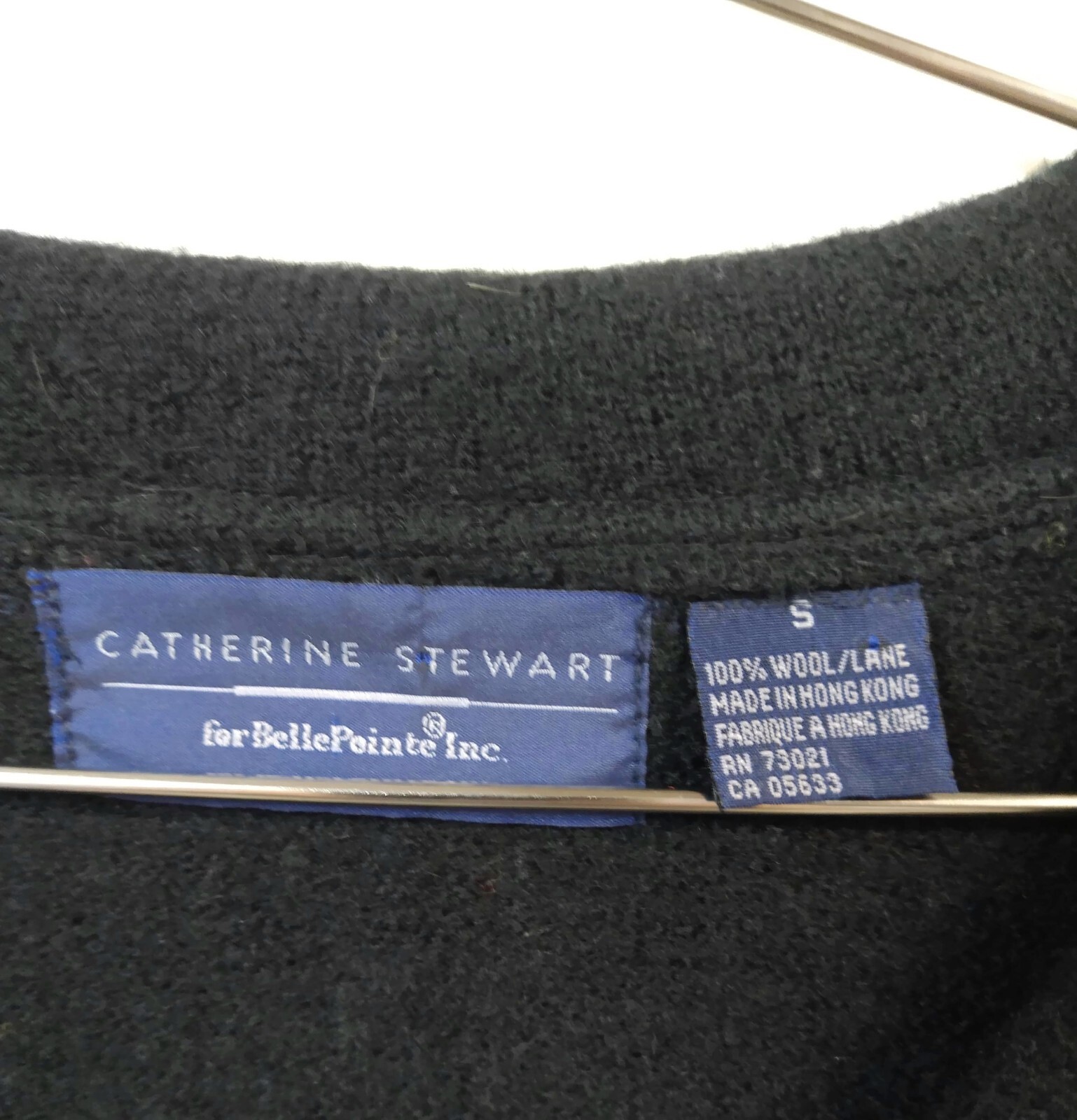 VTG Catherine Stewart WM S Wool Cardigan Black with Crocheted Red Squares Collar