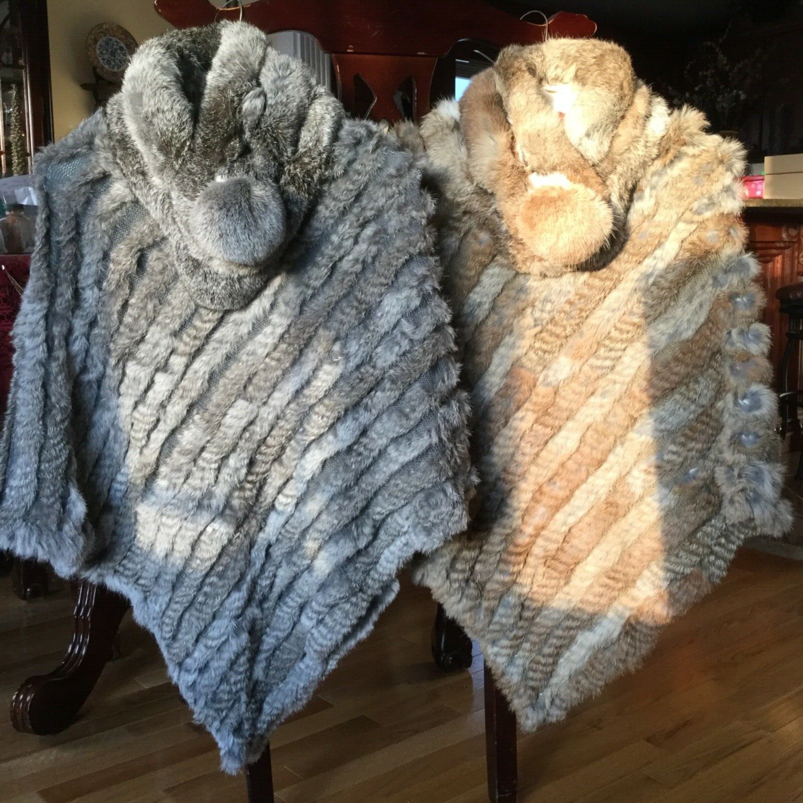 Rabbit FUR PONCHO Shawl Pullover HIPPIE BOHO COWGIRL, Tan or Grey