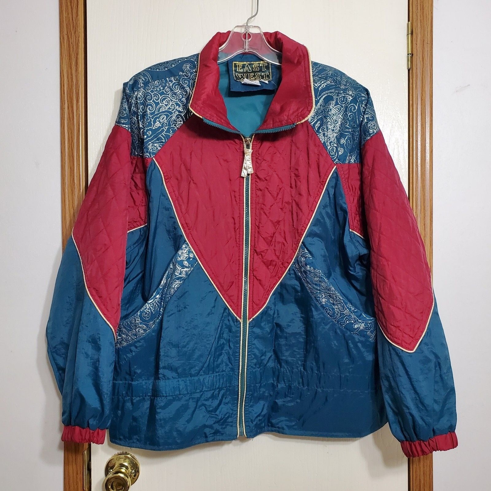 Vtg East West Wind Suit Track Jacket Pants Womens Sz M Burgundy Teal Blue FLAWED