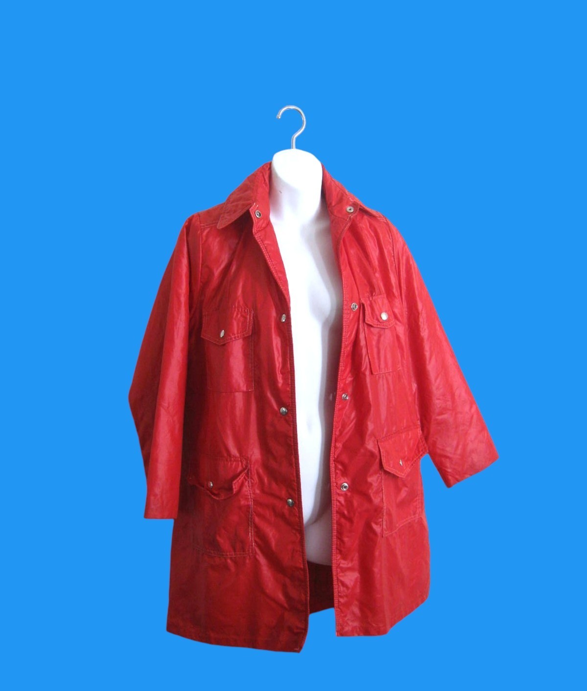 Red Mod Raincoat; Above-Knee With Pockets; Size 6-7 Nylon/All-Season