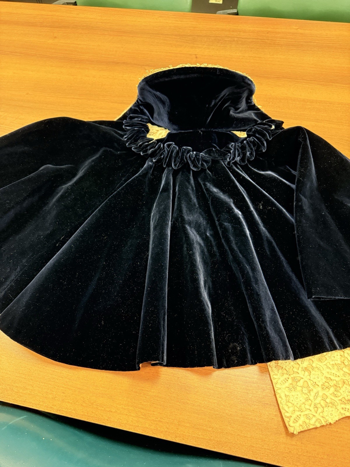 Antique 1930s New York Black Velvet Opera Coat Cape Ruched Collar Vintage