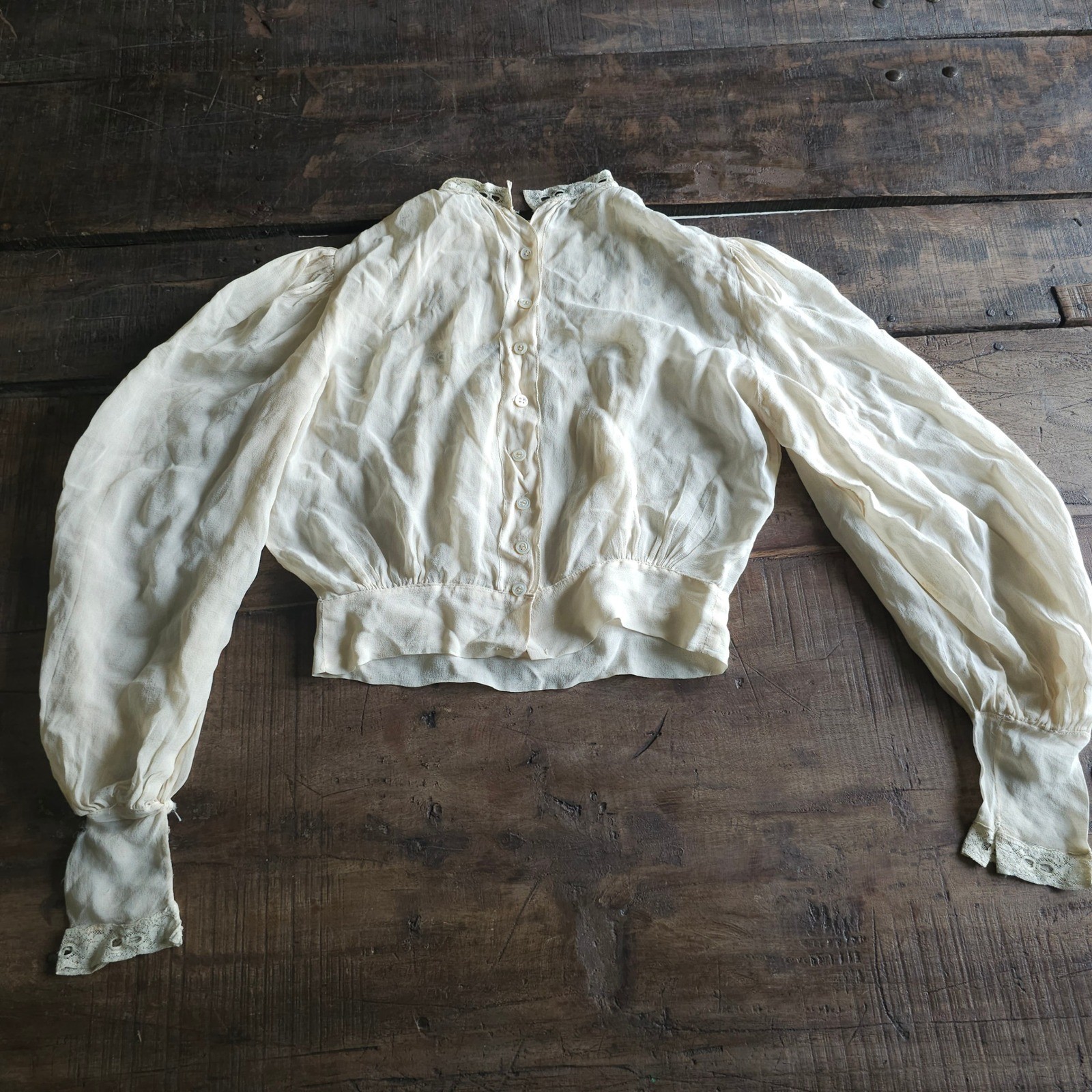 Antique Edwardian Pigeon Breast Blouse Lace Trim Bishop Sleeve Cream Top AS IS