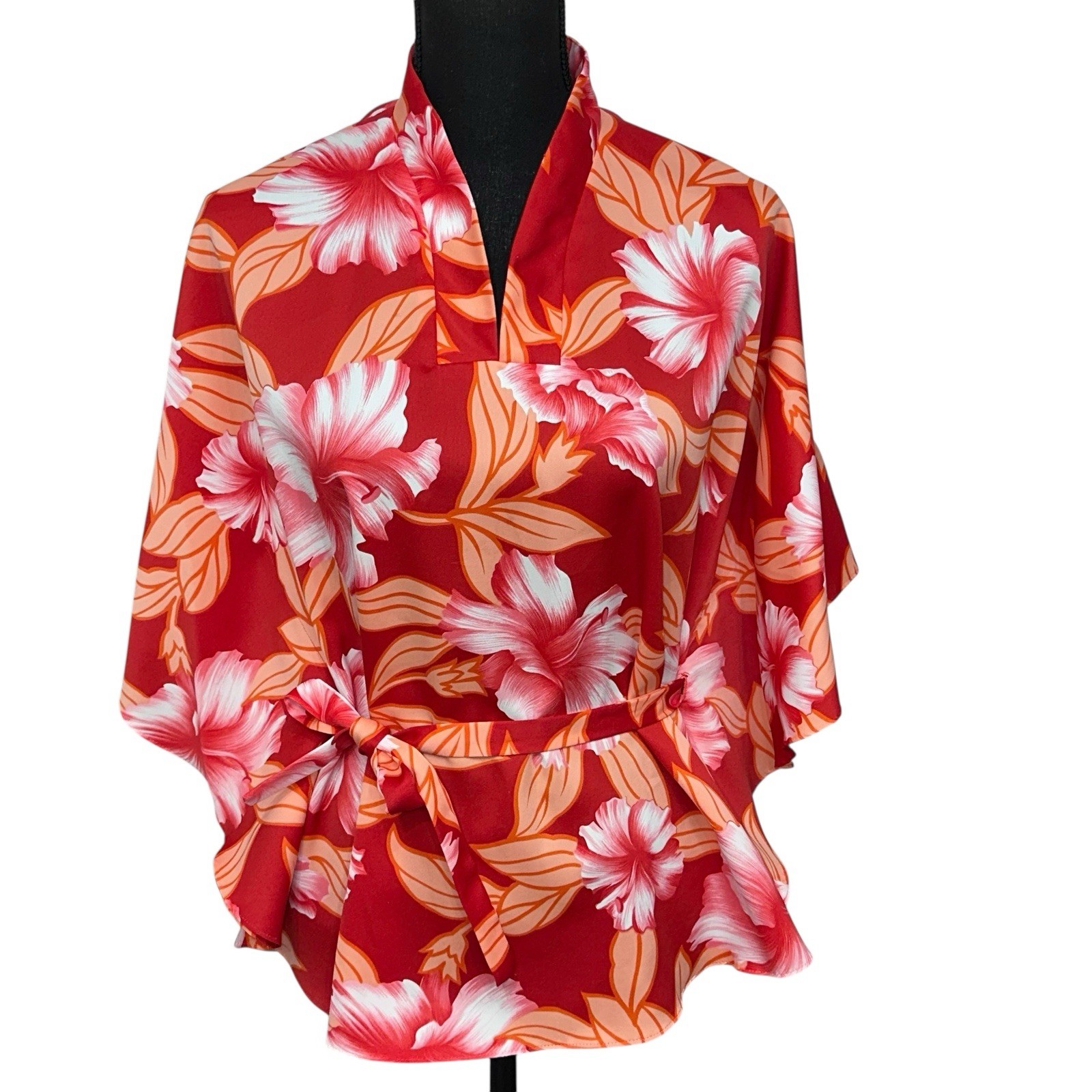 Pomare Hawaii Vintage 60’s Women’s Belted Batwing Sleeve Caftan Style Floral Top