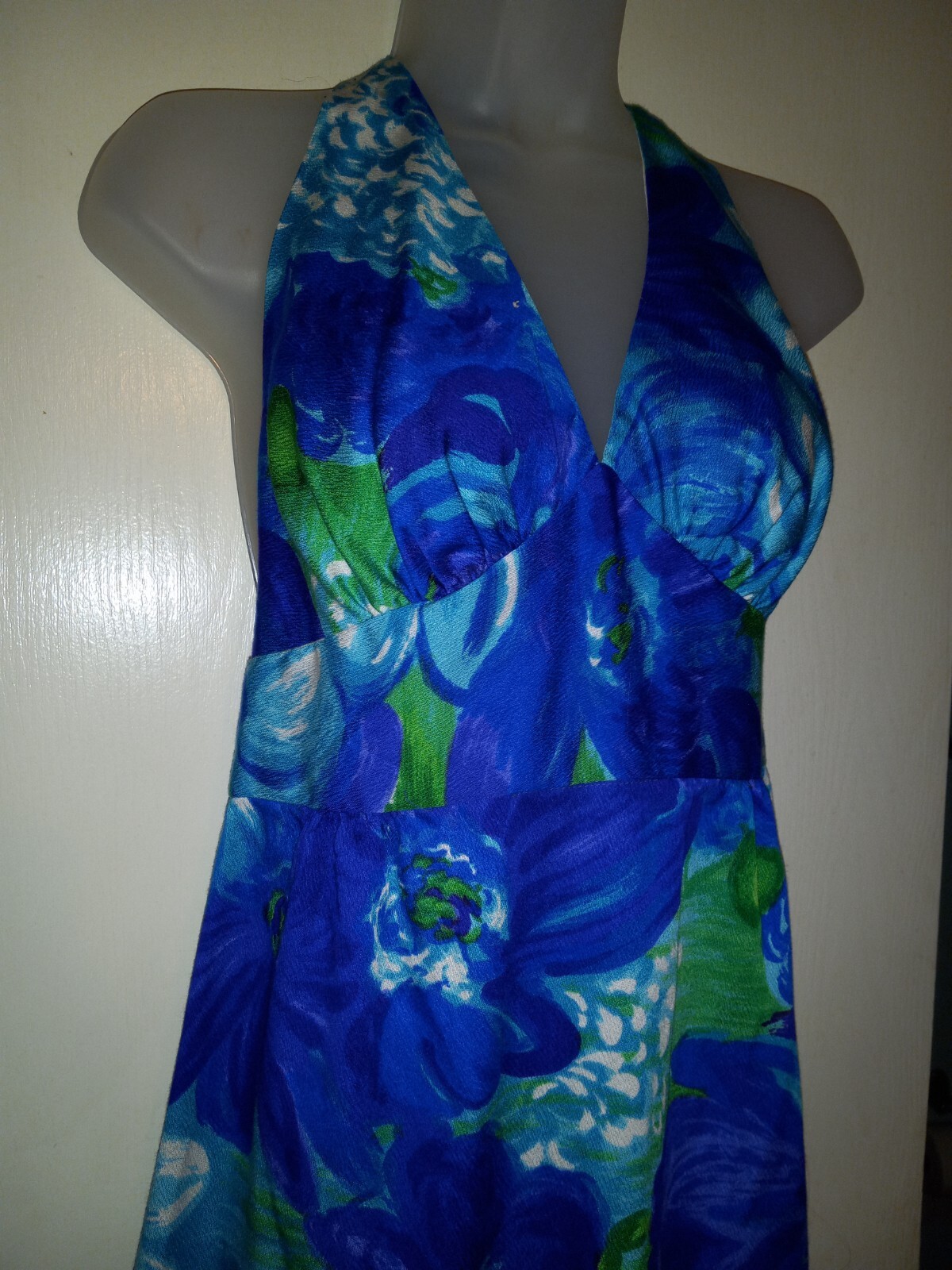 Vintage 60s Hale Aloha Tiki Oasis Hawaiian Blue Floral Barkcloth Halter Dress XS