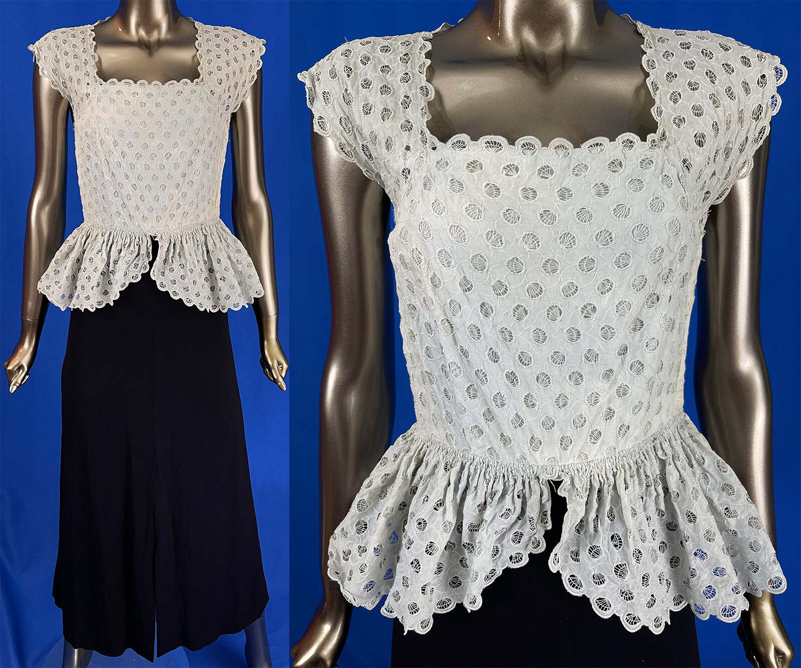 Vintage 1940 Gray Eyelet Drawn Thread Cutwork Peplum Top Black Crepe Skirt Dress