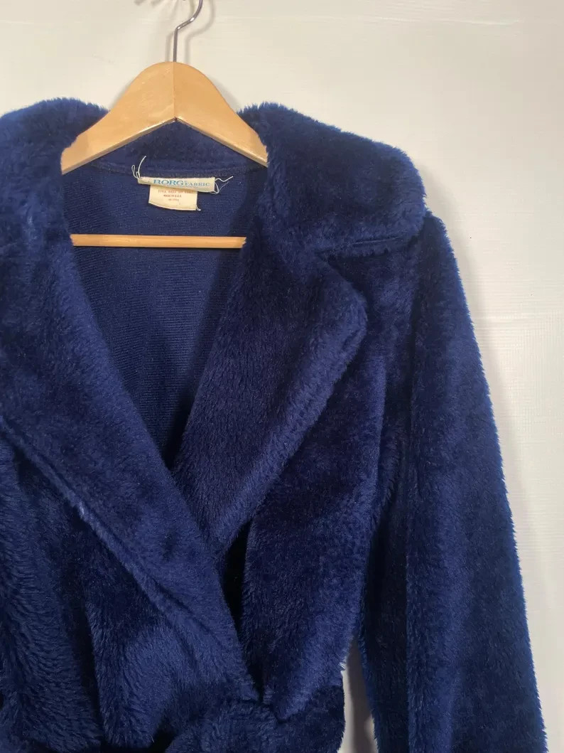 Vintage 1970s Plush Fuzzy Dark Blue Robe Made In USA Size M