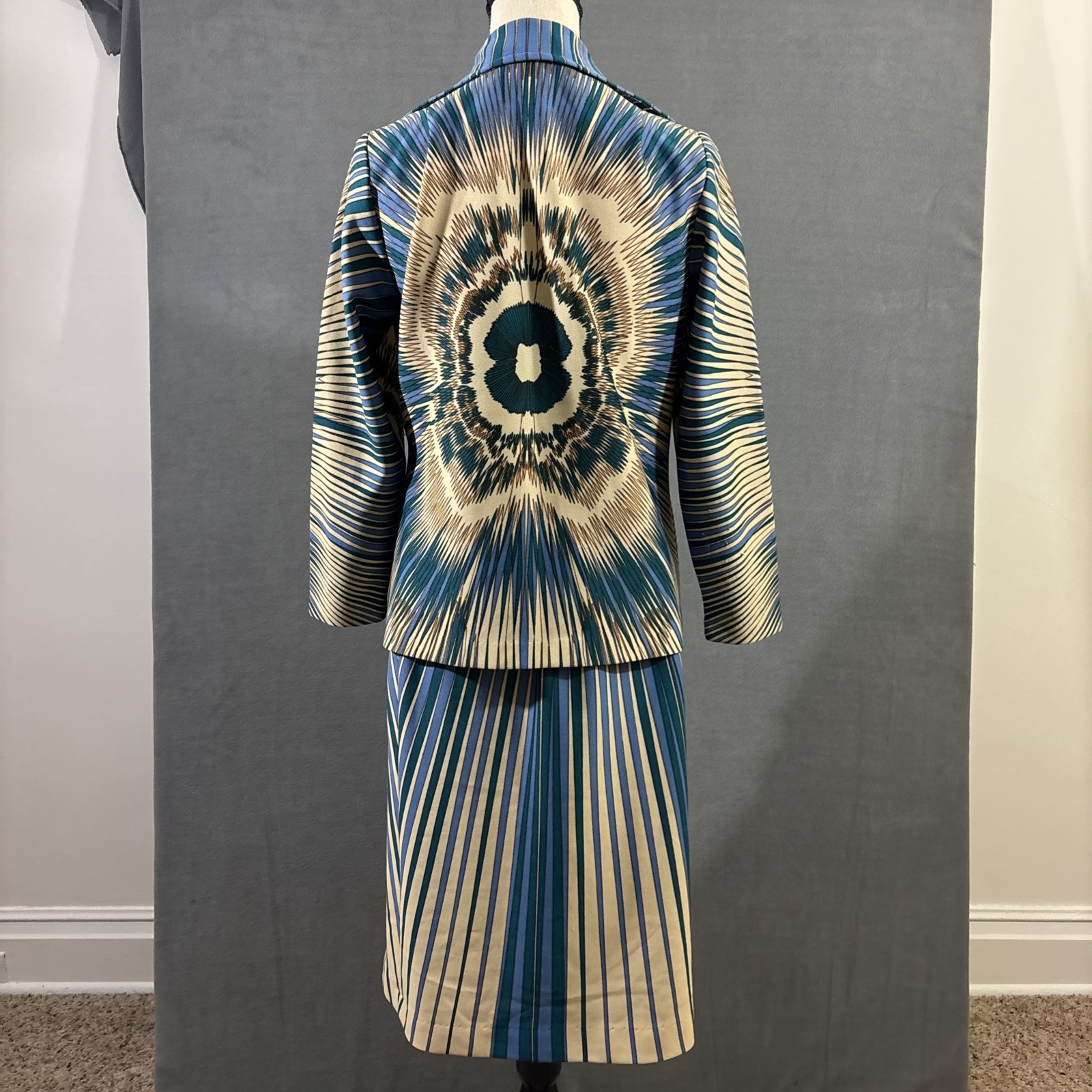 Lorax Originals Skirt Jacket Matching Set Blue Tan Teal Abstract Tie Dye Pattern