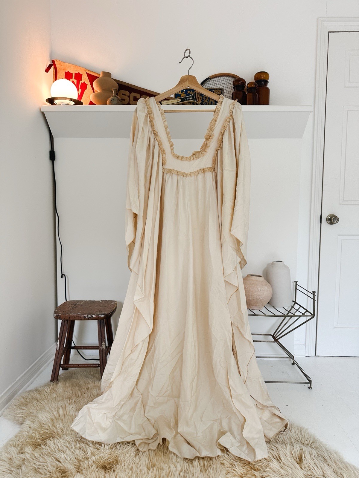 Vintage 1970s Bonwit Teller Angle Sleeve Ivory Silk Romantic Hostess Gown