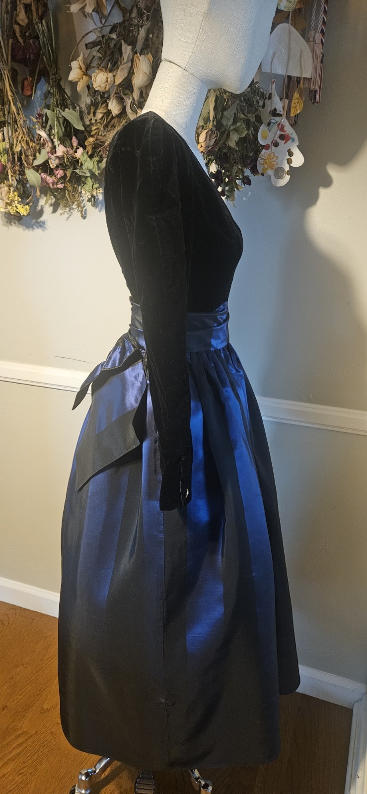 Vintage 198ps Blue And Black Striped Laura Ashley Prom Dress Mkd Sz 6