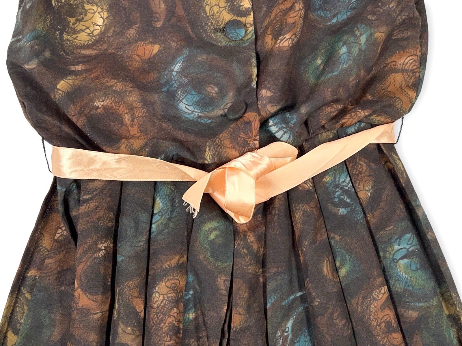 1950S BROWN BLUE FLORAL ABSTRACT NOVELTY DAY DRESS MS MAISEL S