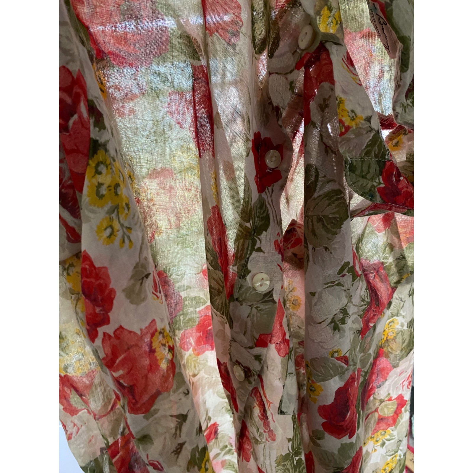 Vintage Deborah Barry Red Rose Floral Sheer Button Down Shirt Small USA