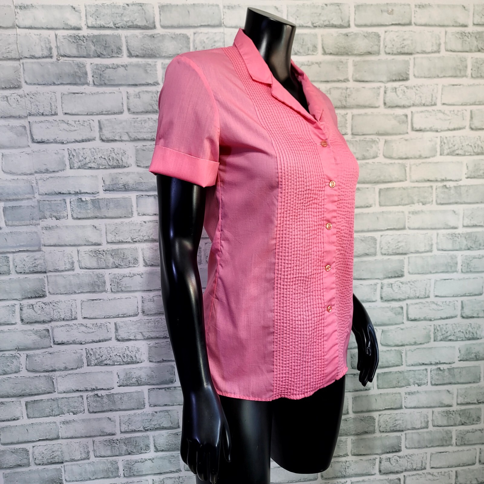 Vintage 70s 80s Lady Diplomat Womens 6 Pink Pintucked Short Sleeve Button Front