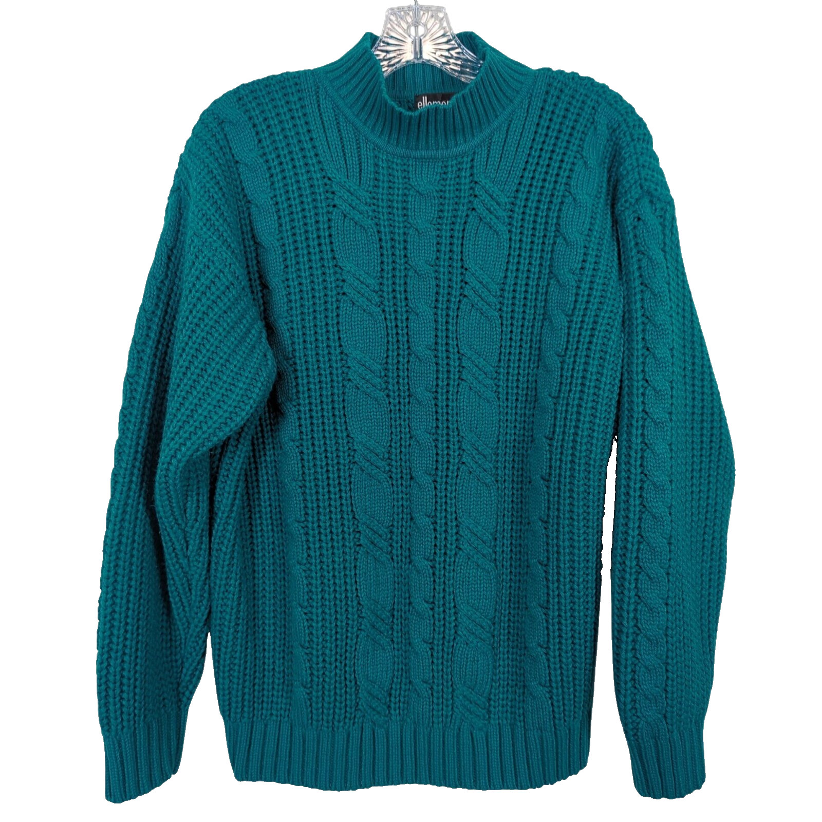 Vintage 80s Ellemmenno Sweater Teal Size M Cable Knit Mock Neck Acrylic