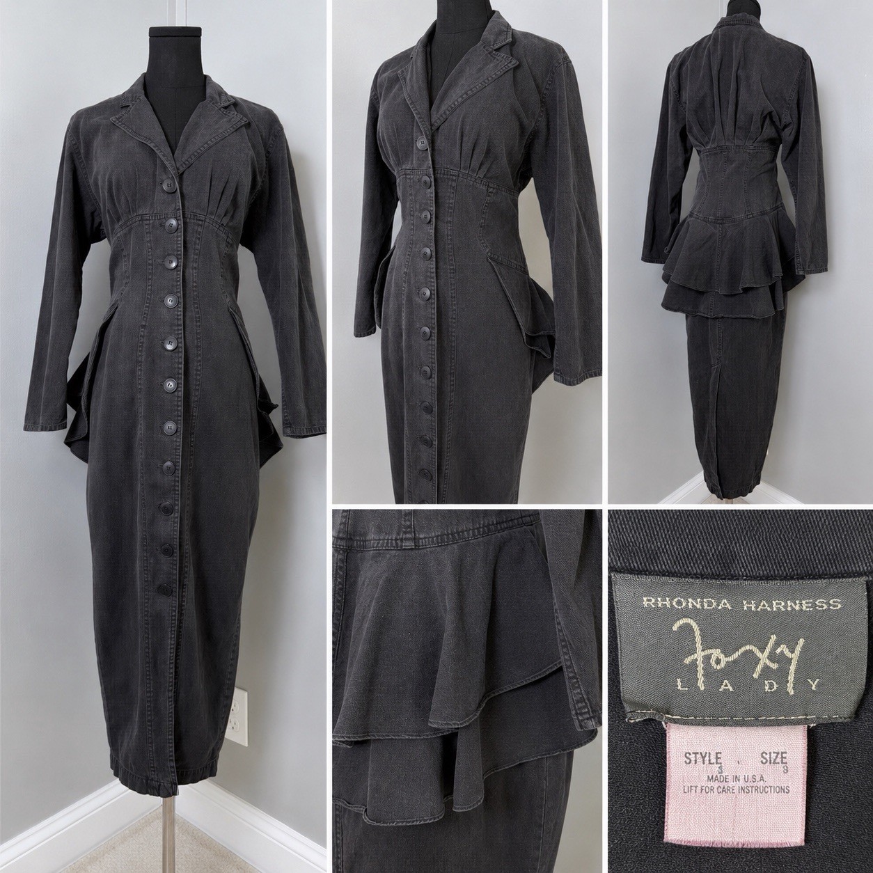 Vtg Rhonda Harness Foxy Lady Black Denim Corset Maxi Dress Goth Avant Garde 90s
