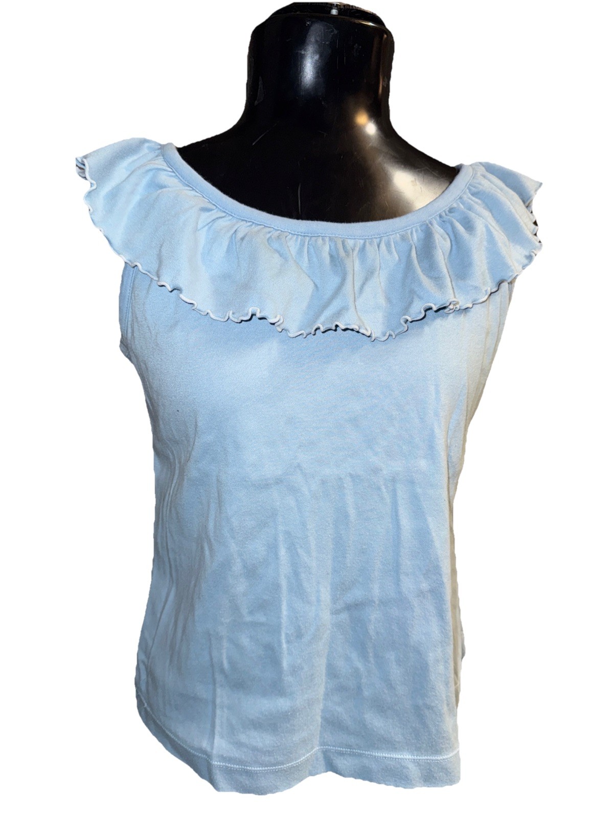 Sears Vintage 70s The Cotton Top Women’s MEDIUM Blue Boat Neck Ruffle USA 100%