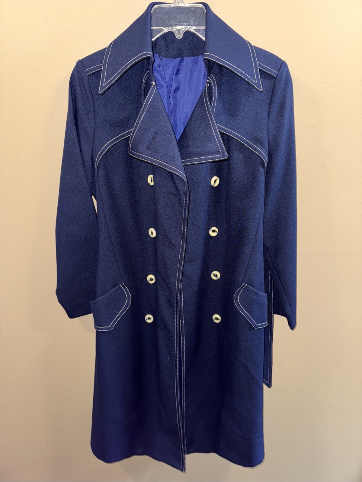 Womens Small Vintage Polyester Trench Coat, Navy White Sears 1960’s