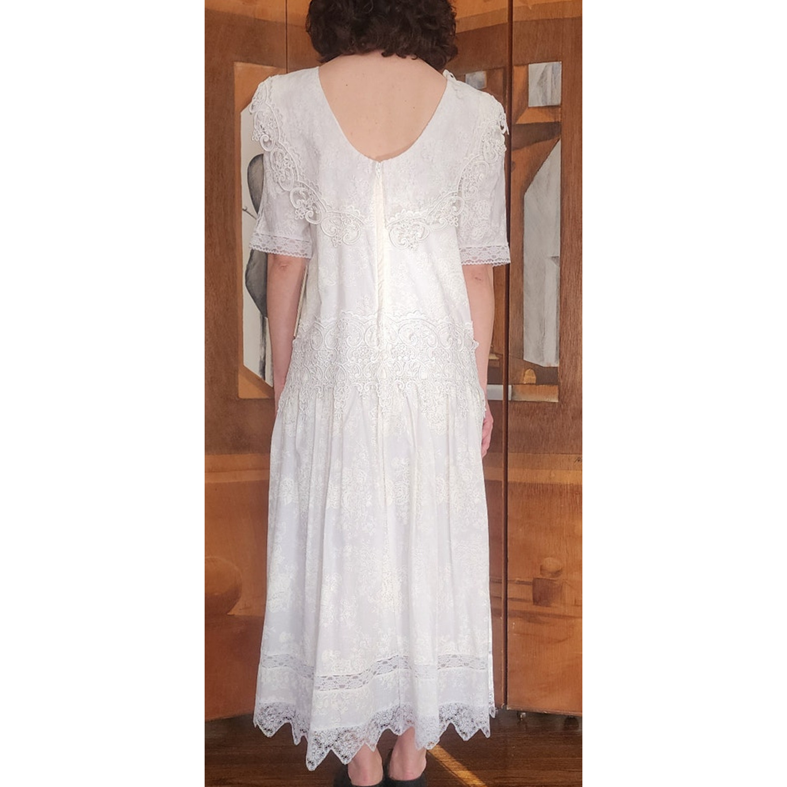 Vintage 1980s Scott McClintock White Lace Dress Drop Waist Puffed Sleeves NWT