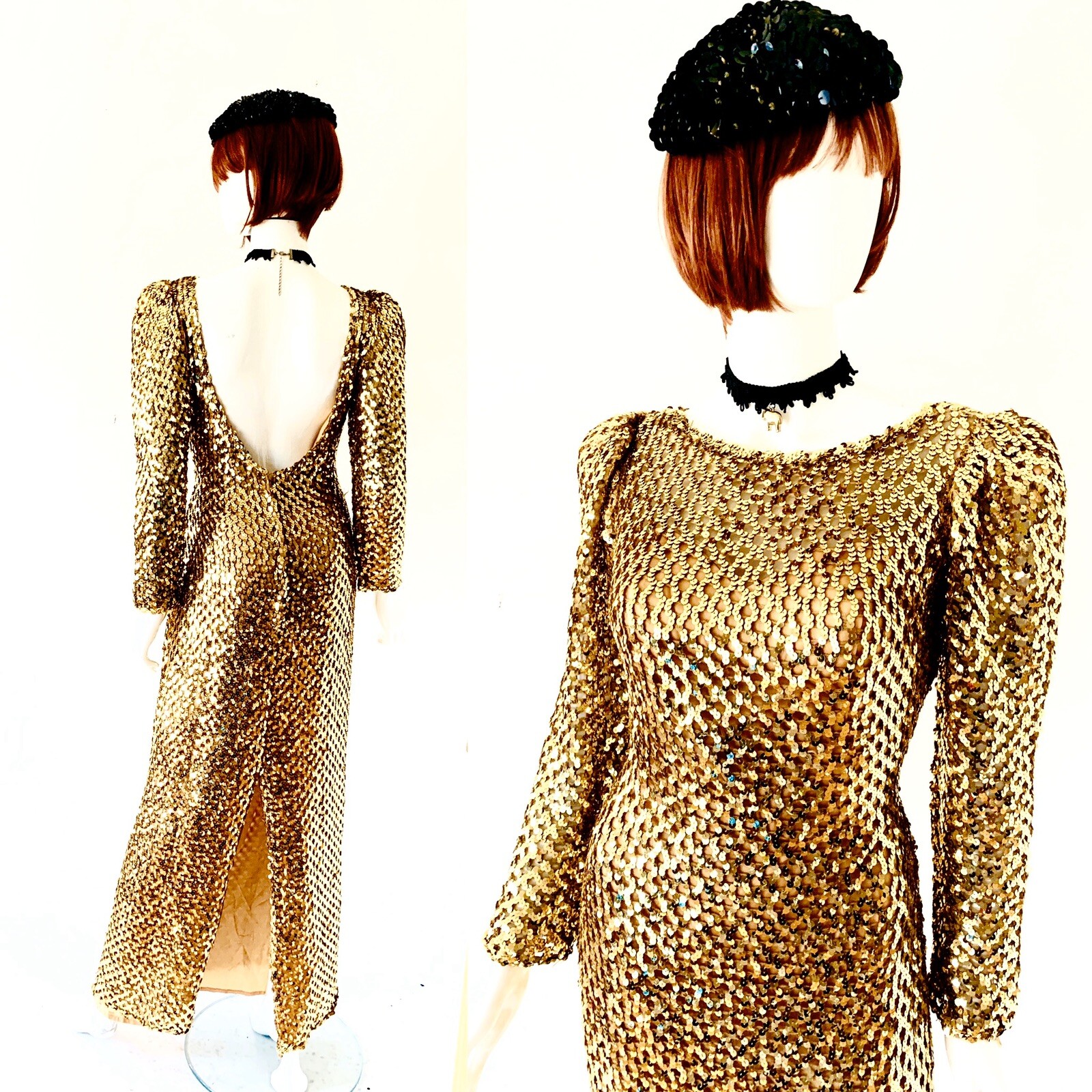 VTG Late 60’s Early 70’s Gold Bombshell Wiggle Full Length VLV Dress Sz S-M