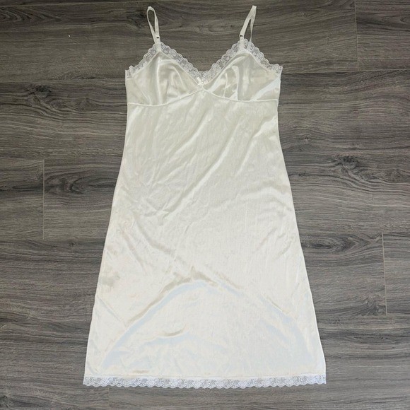 Vintage White satin slip dress with lace trim and adjustable straps size small