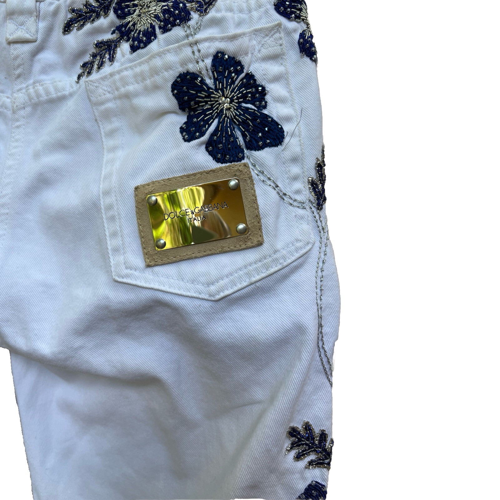 Dolce Gabbana Vintage Women’s White Jeans Blue Beaded Flowers.Italy 44