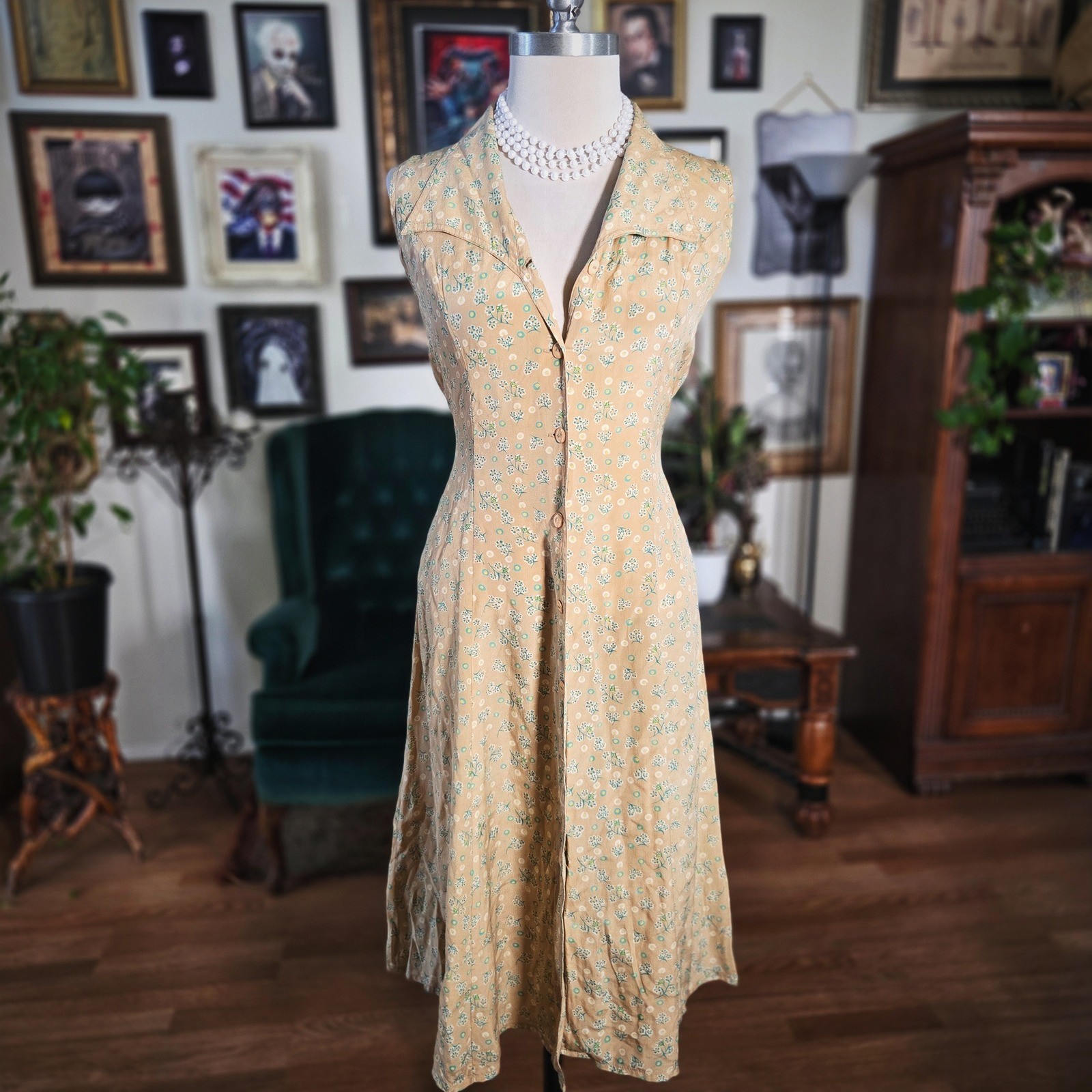 Vintage 40s Tan Silk Floral Day Dress Button Front Tea Dress WWII Era