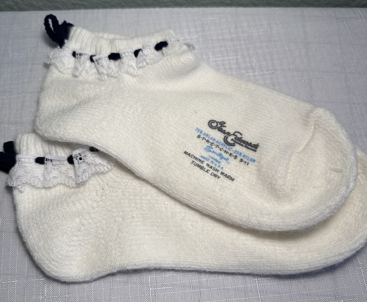 VTG Jean Edwards Socks New Acrylic White Black Bow Low Ankle 80’s USA Orlon NEW