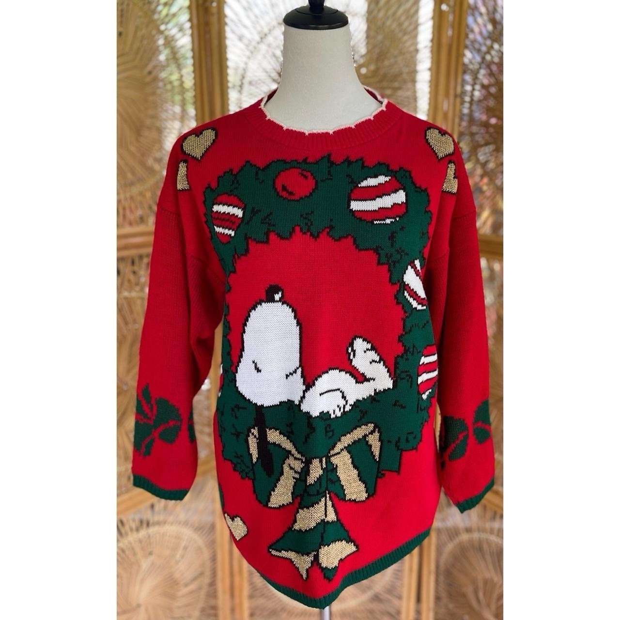 Vintage Snoopy Peanuts Christmas Sweater Wreath Red Knit Festive Holiday 90s
